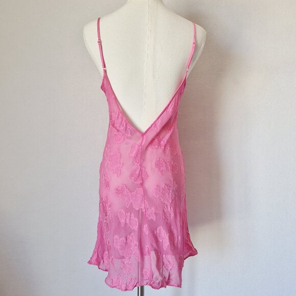 PajamaGram Silk Blend Pink Floral Textured Sheer Mini Chemise Slip Night Gown - Picture 4 of 11